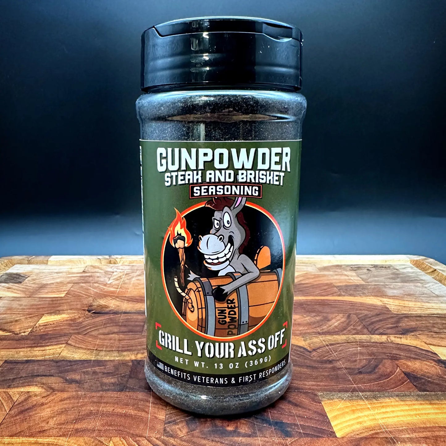 A jar of Gunpowder by GYAO, a top-selling seasoning perfect for brisket and roasts, ideal for smoking or roasting.