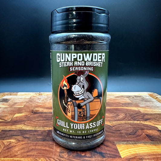 A jar of Gunpowder by GYAO, a top-selling seasoning perfect for brisket and roasts, ideal for smoking or roasting.