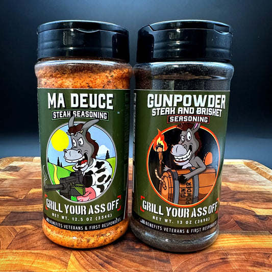 A set of GYAO Combo 1 seasonings, including Ma Deuce for grilling and Gunpowder for smoked meats.