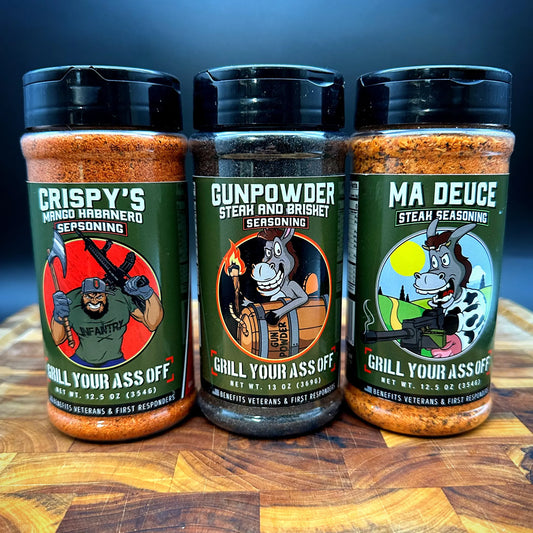 A set of Combo 4 by GYAO, featuring Gunpowder, Crispy's Mango Habanero, and Ma Deuce seasonings.