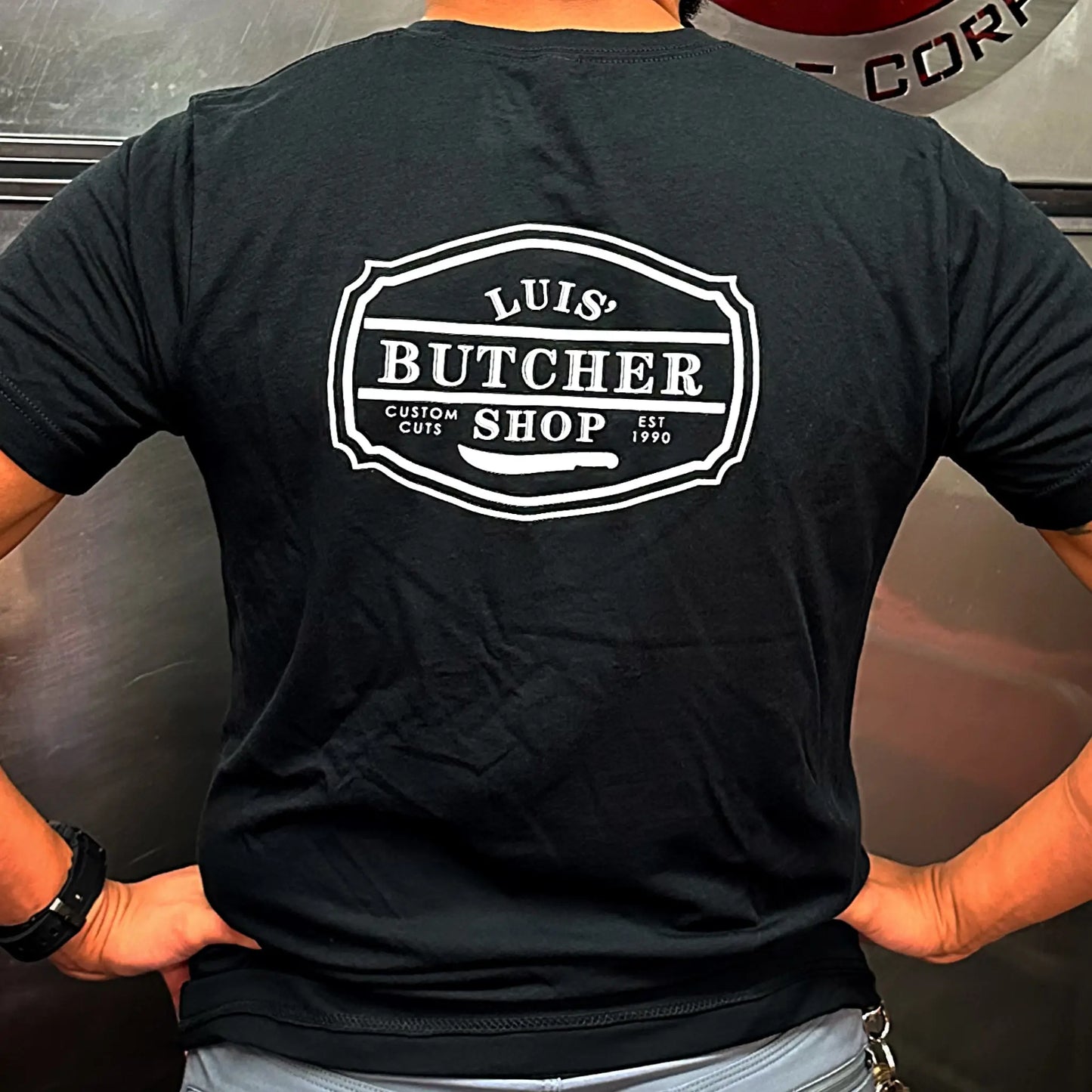 Men's T-Shirt with Luis' Butcher Shop Logo on Back