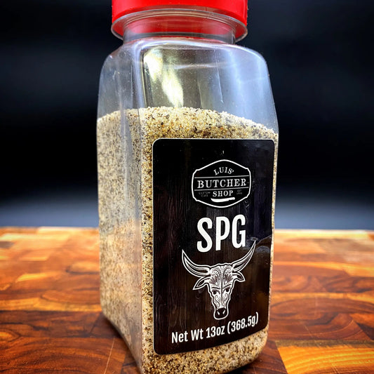 A jar of Luis' Butcher Shop SPG Seasoning, a flavorful blend of salt, pepper, and garlic, perfect for brisket and rib roast.