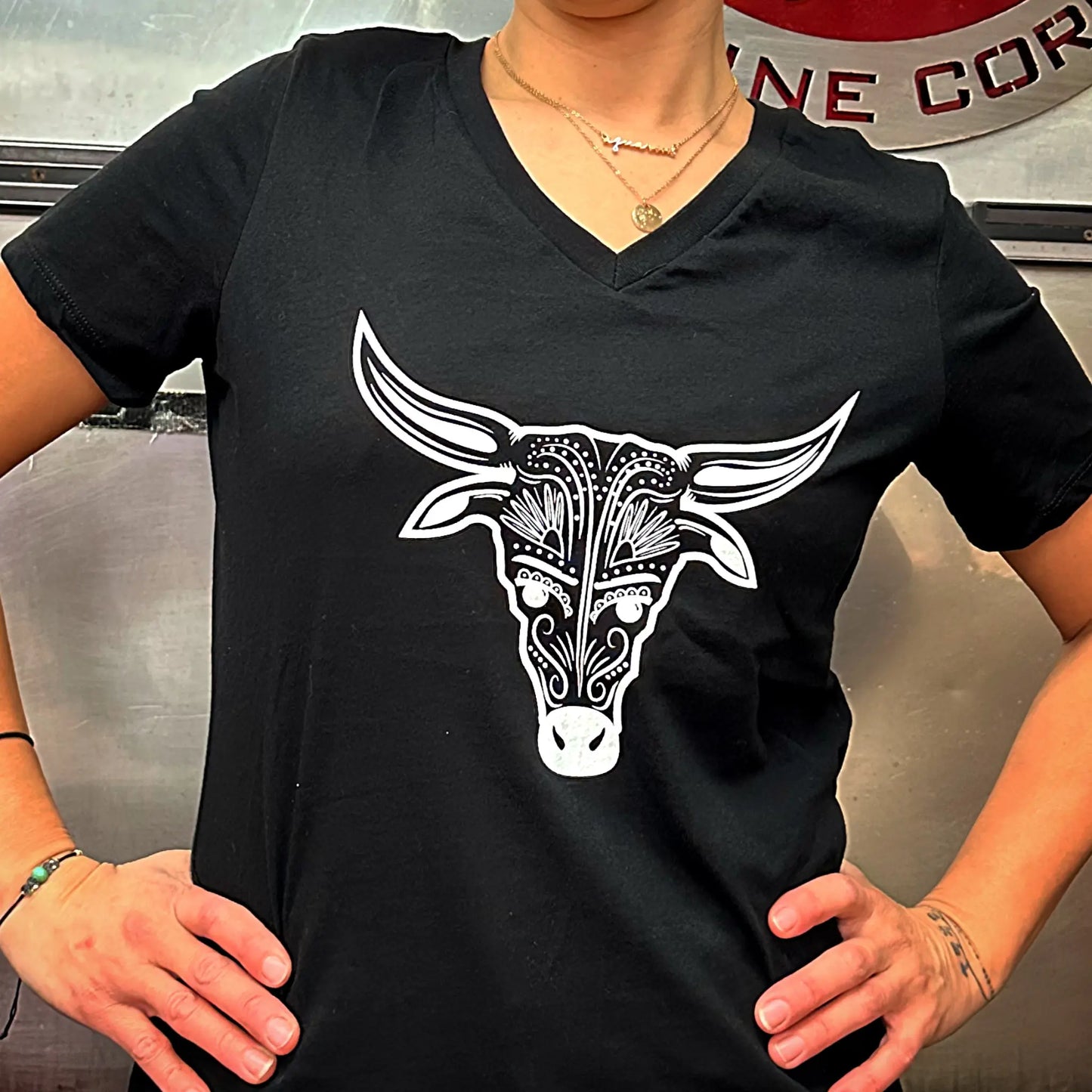 Women's T-Shirt with Cow Graphic on Front and Luis' Butcher Shop Logo on Back