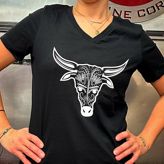 Women's T-Shirt with Cow Graphic on Front and Luis' Butcher Shop Logo on Back