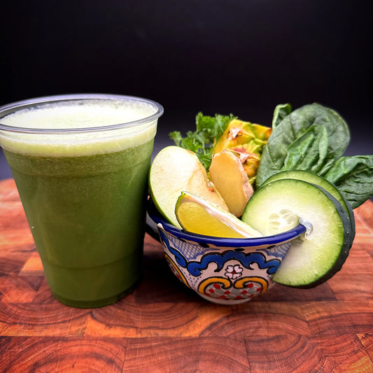 Natural Juice 16oz with cucumber, pineapple, ginger, parsley, lime, spinach, kale, and green apple.